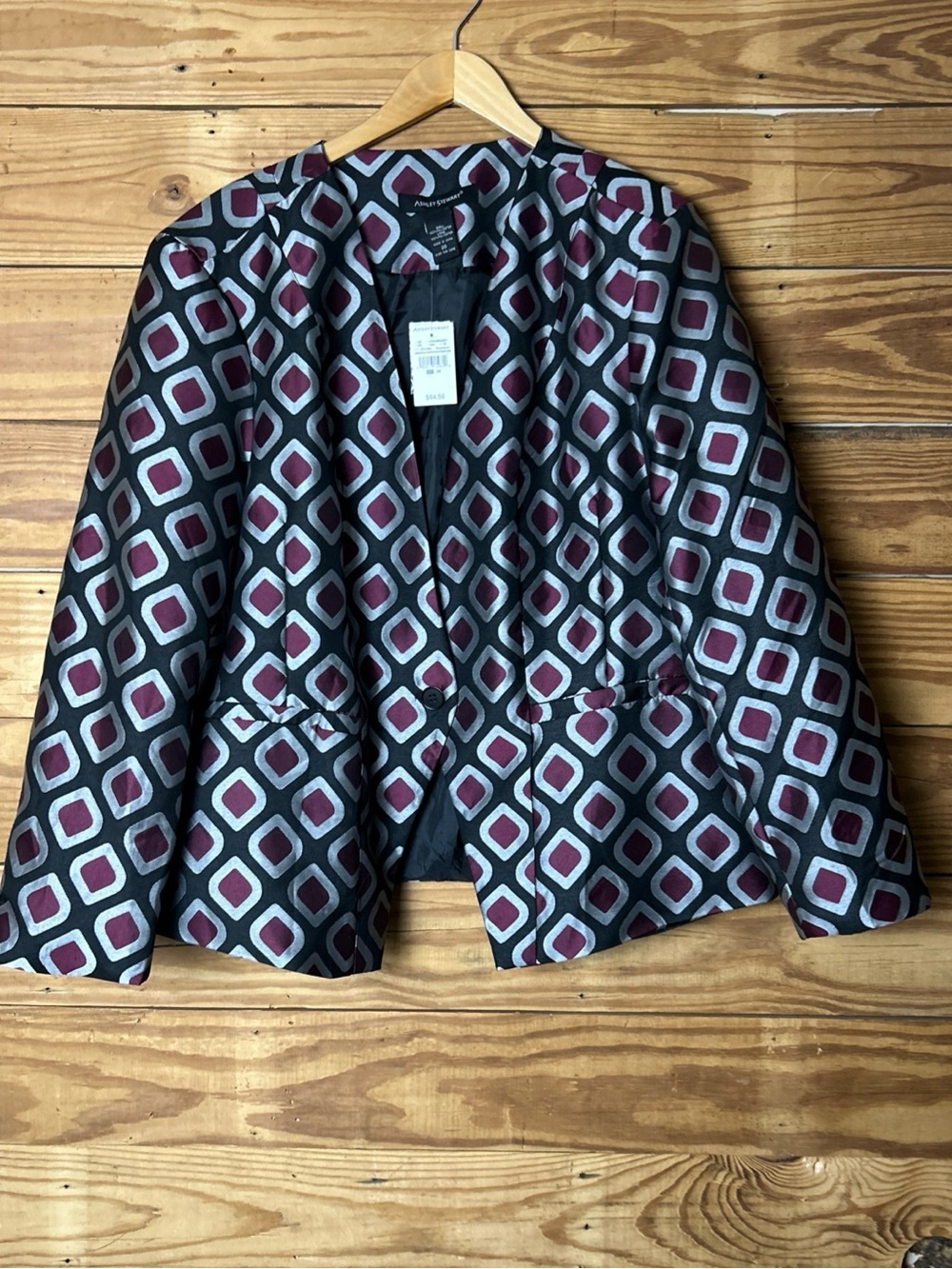 Ashley Stewart Geometric Open-Front Blazer in Burgundy and Black